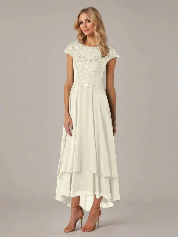 A-line Boat Neck Illusion Asymmetrical Chiffon Lace Mother of the Bride Dress With Applique Pleats - Image 22