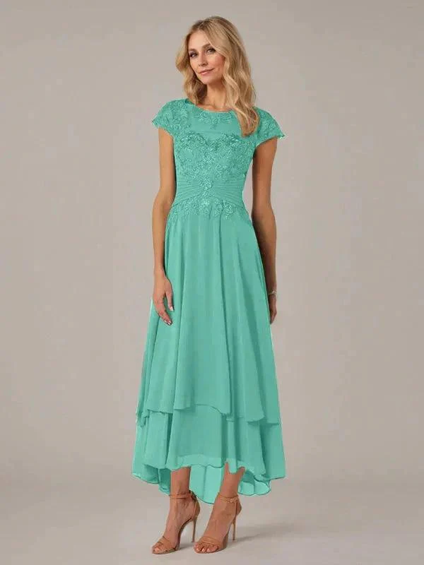 A-line Boat Neck Illusion Asymmetrical Chiffon Lace Mother of the Bride Dress With Applique Pleats - Image 23