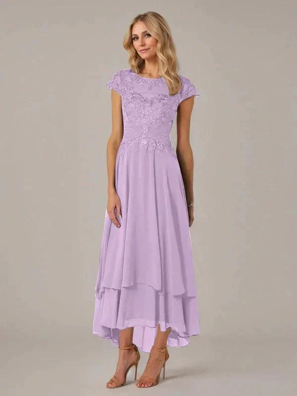 A-line Boat Neck Illusion Asymmetrical Chiffon Lace Mother of the Bride Dress With Applique Pleats - Image 24