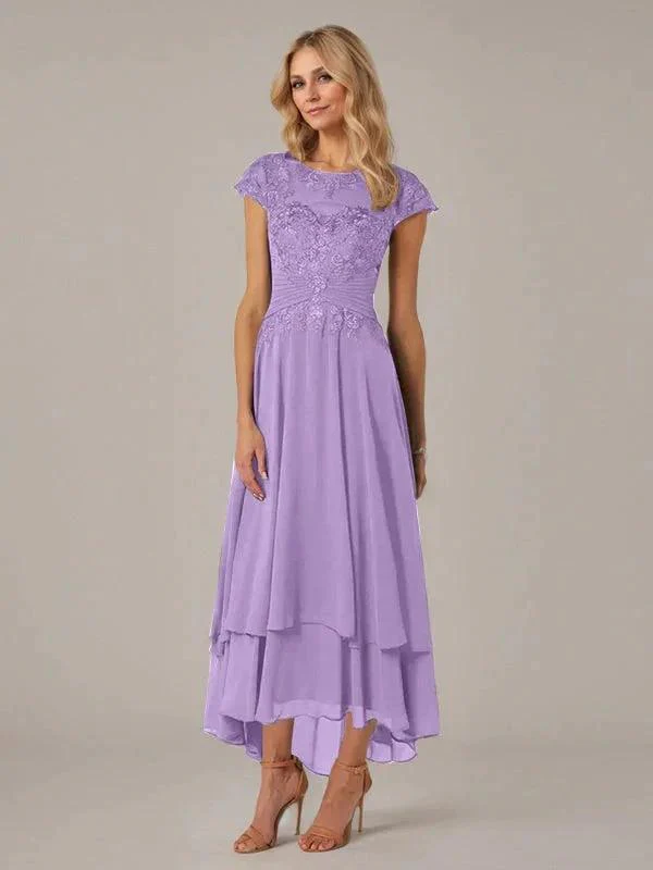 A-line Boat Neck Illusion Asymmetrical Chiffon Lace Mother of the Bride Dress With Applique Pleats - Image 25