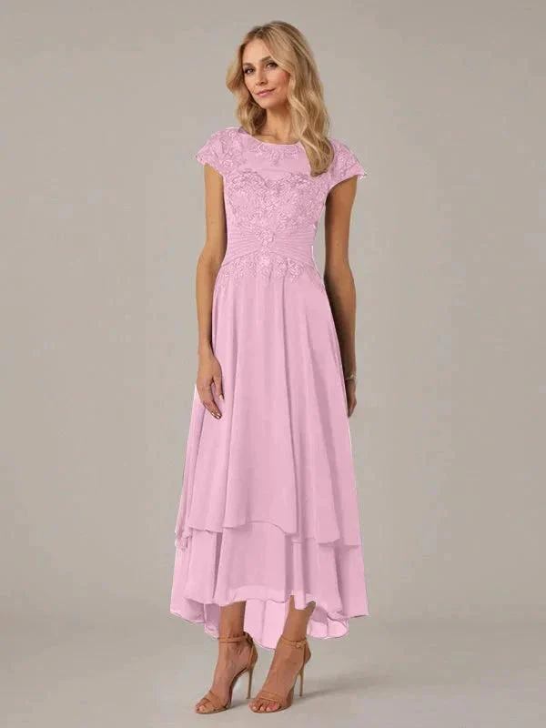 A-line Boat Neck Illusion Asymmetrical Chiffon Lace Mother of the Bride Dress With Applique Pleats - Image 26
