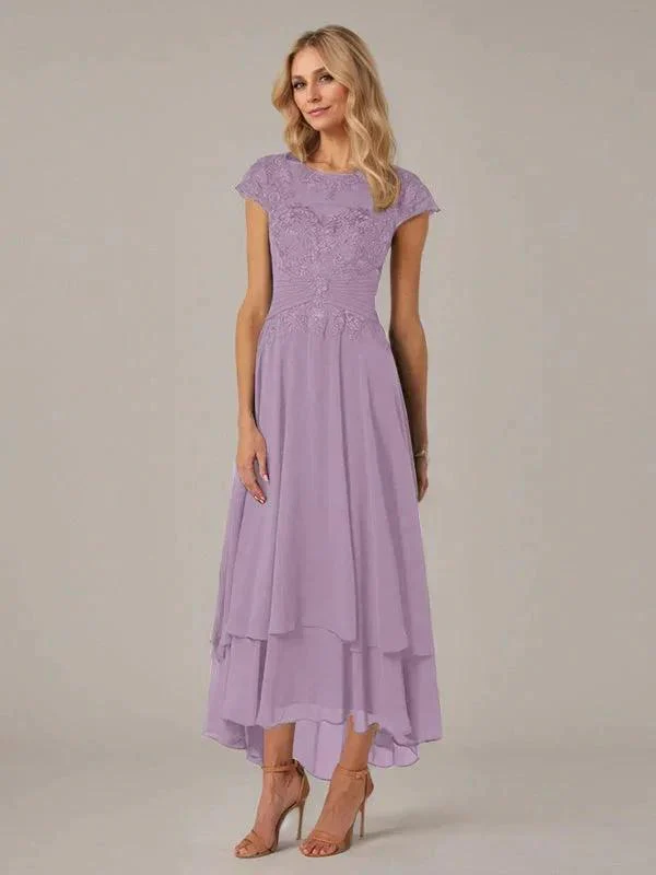 A-line Boat Neck Illusion Asymmetrical Chiffon Lace Mother of the Bride Dress With Applique Pleats - Image 27