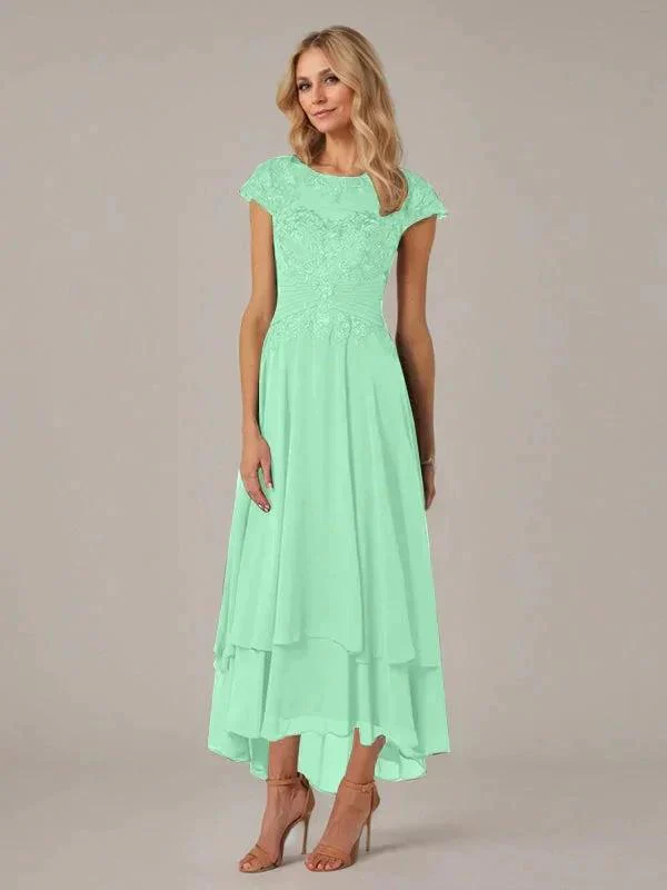 A-line Boat Neck Illusion Asymmetrical Chiffon Lace Mother of the Bride Dress With Applique Pleats - Image 28