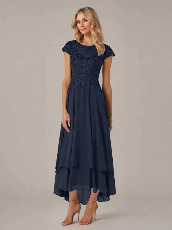 A-line Boat Neck Illusion Asymmetrical Chiffon Lace Mother of the Bride Dress With Applique Pleats - Image 29