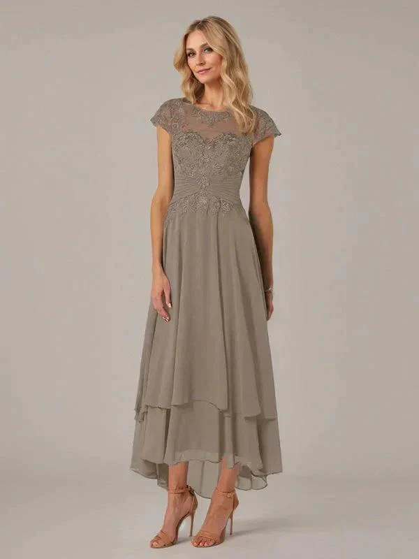 A-line Boat Neck Illusion Asymmetrical Chiffon Lace Mother of the Bride Dress With Applique Pleats - Image 3