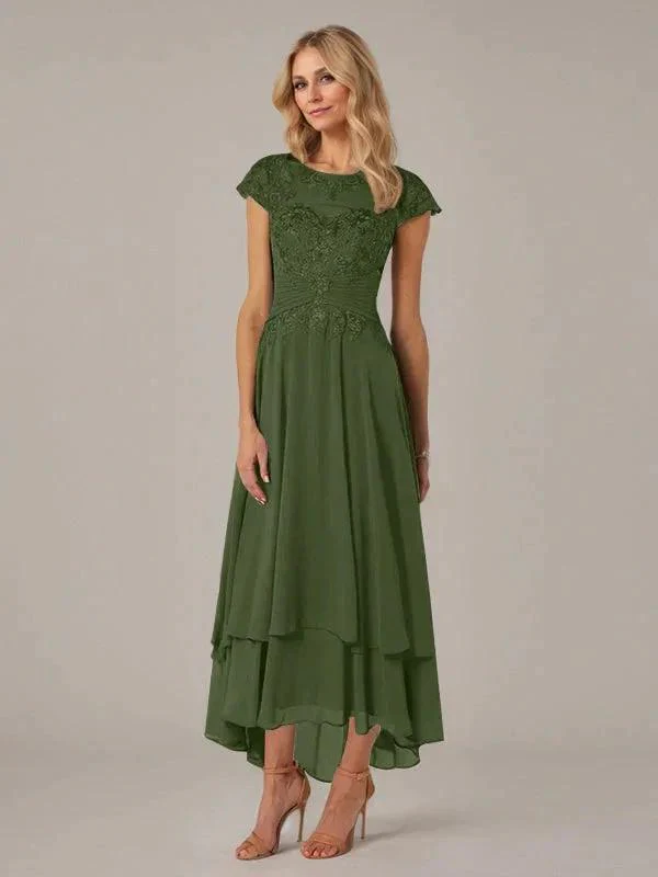 A-line Boat Neck Illusion Asymmetrical Chiffon Lace Mother of the Bride Dress With Applique Pleats - Image 30