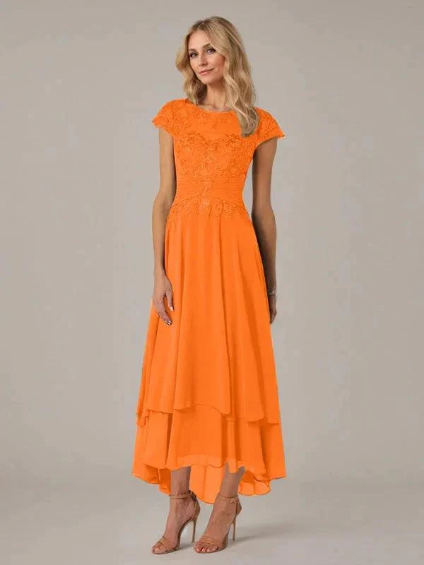 A-line Boat Neck Illusion Asymmetrical Chiffon Lace Mother of the Bride Dress With Applique Pleats - Image 31