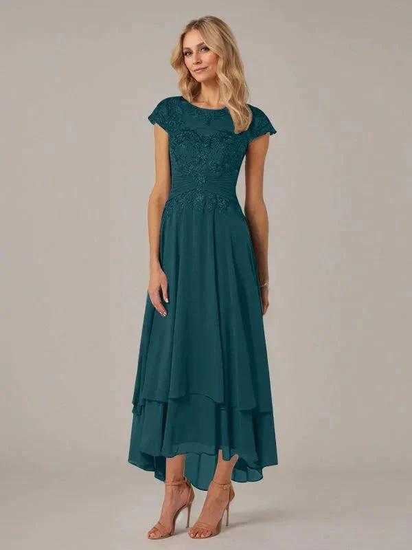 A-line Boat Neck Illusion Asymmetrical Chiffon Lace Mother of the Bride Dress With Applique Pleats - Image 32