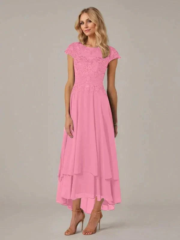A-line Boat Neck Illusion Asymmetrical Chiffon Lace Mother of the Bride Dress With Applique Pleats - Image 33