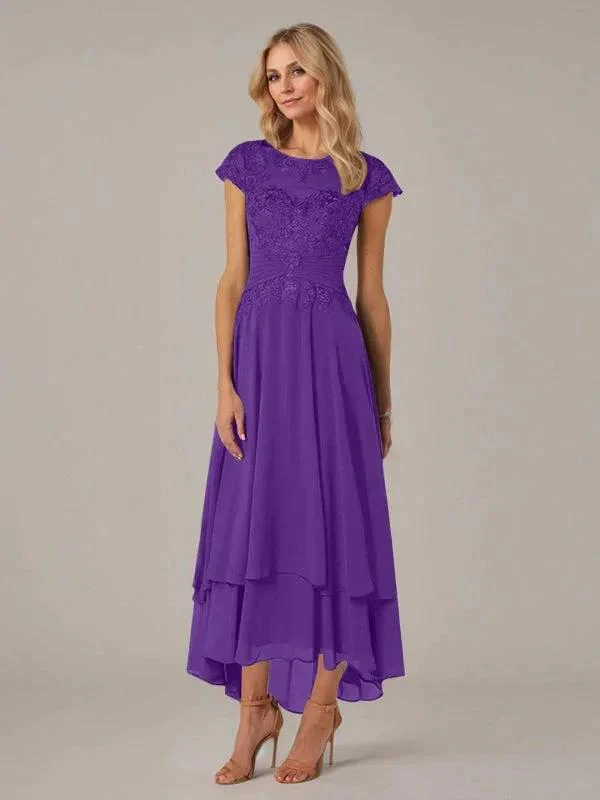 A-line Boat Neck Illusion Asymmetrical Chiffon Lace Mother of the Bride Dress With Applique Pleats - Image 34