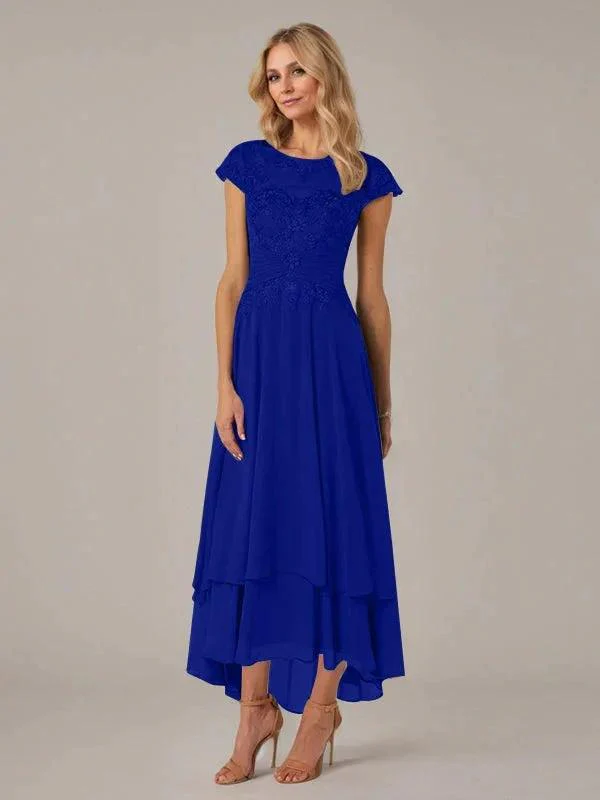 A-line Boat Neck Illusion Asymmetrical Chiffon Lace Mother of the Bride Dress With Applique Pleats - Image 36