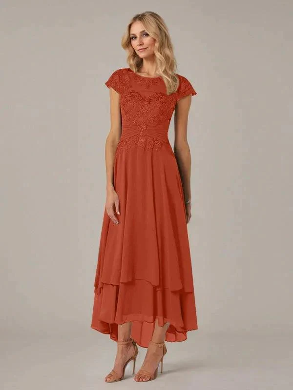 A-line Boat Neck Illusion Asymmetrical Chiffon Lace Mother of the Bride Dress With Applique Pleats - Image 37