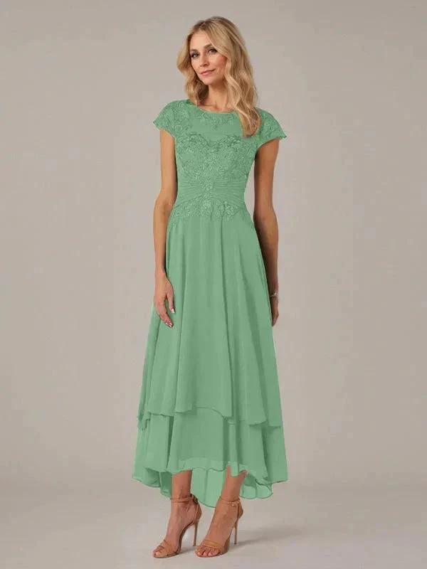 A-line Boat Neck Illusion Asymmetrical Chiffon Lace Mother of the Bride Dress With Applique Pleats - Image 38