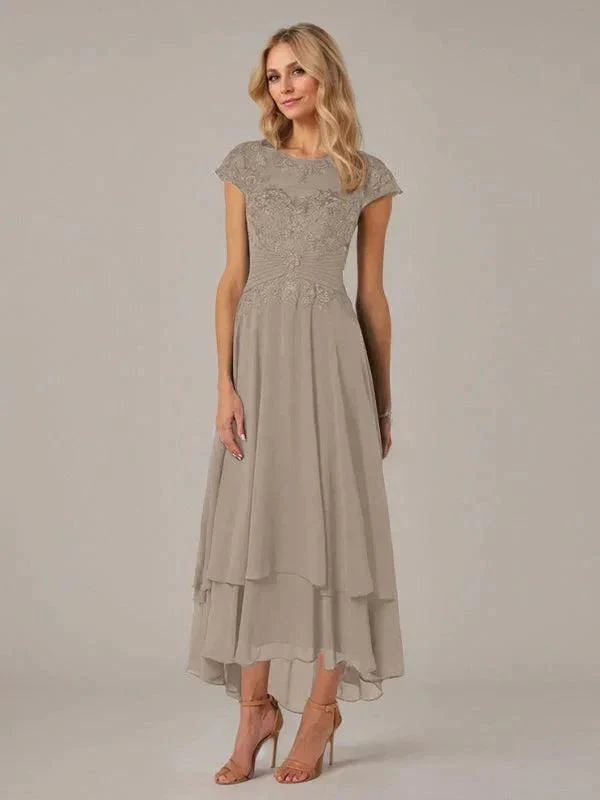 A-line Boat Neck Illusion Asymmetrical Chiffon Lace Mother of the Bride Dress With Applique Pleats - Image 39