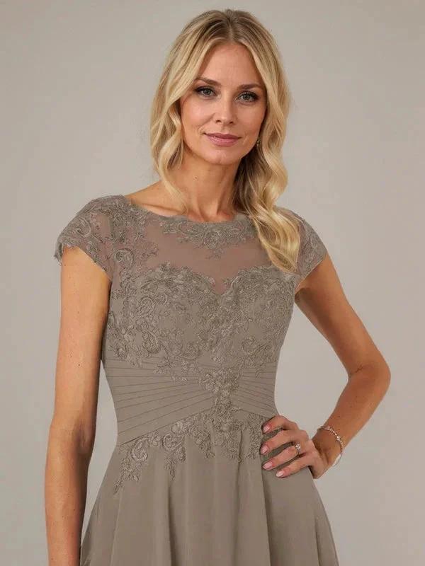 A-line Boat Neck Illusion Asymmetrical Chiffon Lace Mother of the Bride Dress With Applique Pleats - Image 4