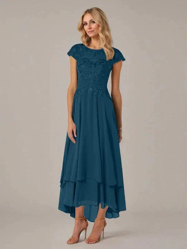 A-line Boat Neck Illusion Asymmetrical Chiffon Lace Mother of the Bride Dress With Applique Pleats - Image 40