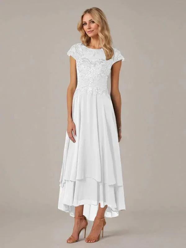 A-line Boat Neck Illusion Asymmetrical Chiffon Lace Mother of the Bride Dress With Applique Pleats - Image 42