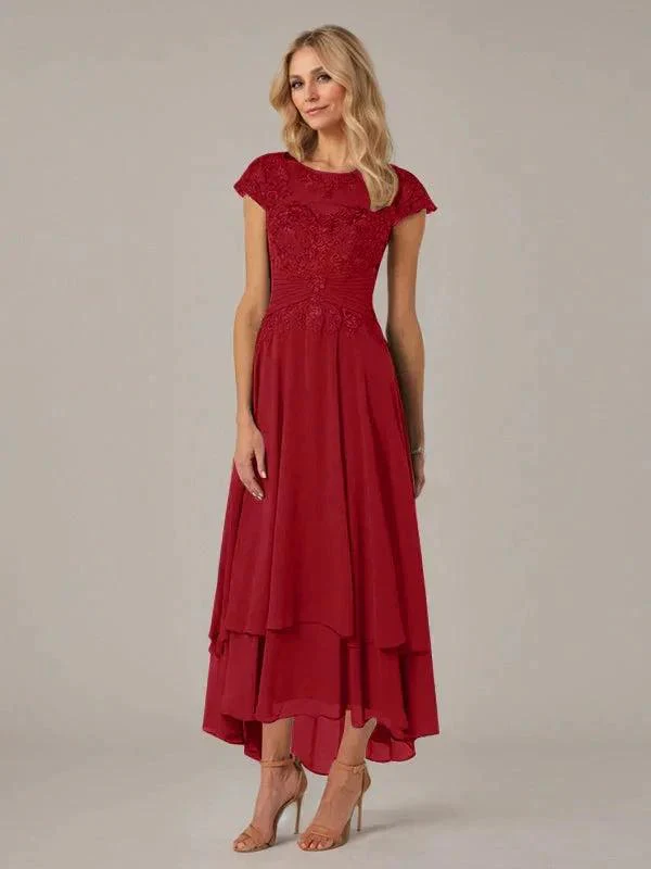 A-line Boat Neck Illusion Asymmetrical Chiffon Lace Mother of the Bride Dress With Applique Pleats - Image 43