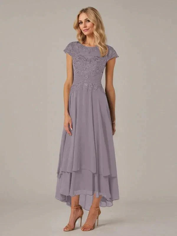 A-line Boat Neck Illusion Asymmetrical Chiffon Lace Mother of the Bride Dress With Applique Pleats - Image 44