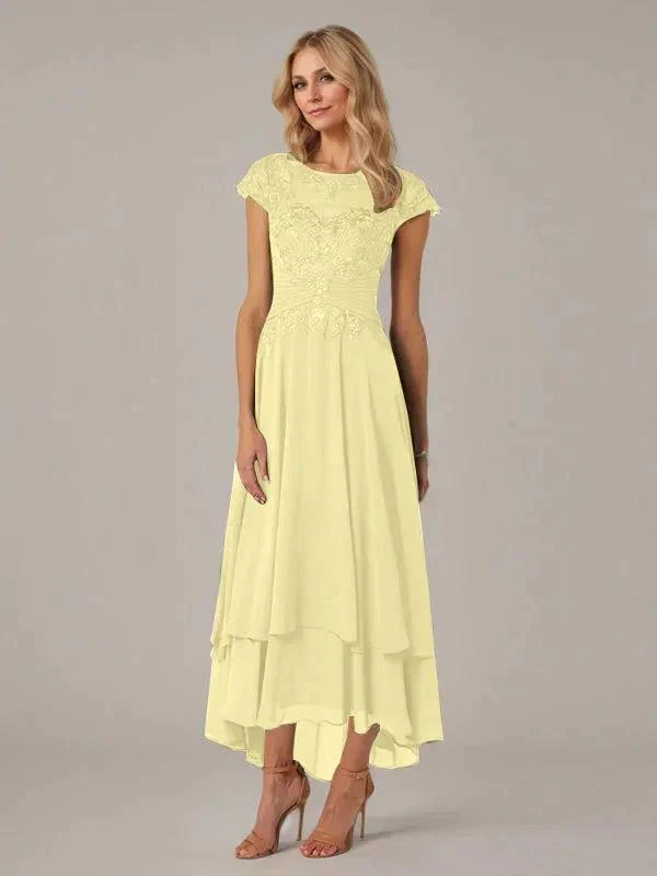 A-line Boat Neck Illusion Asymmetrical Chiffon Lace Mother of the Bride Dress With Applique Pleats - Image 45