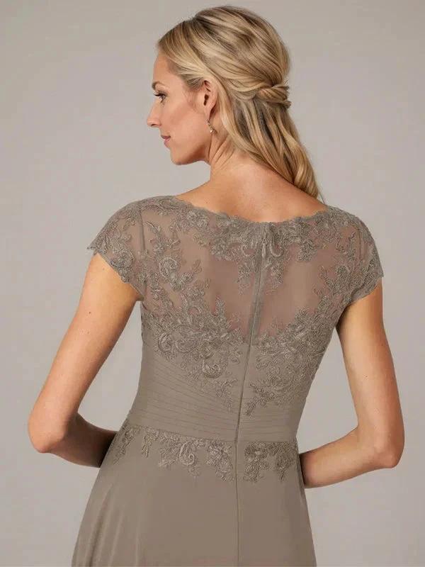 A-line Boat Neck Illusion Asymmetrical Chiffon Lace Mother of the Bride Dress With Applique Pleats - Image 5