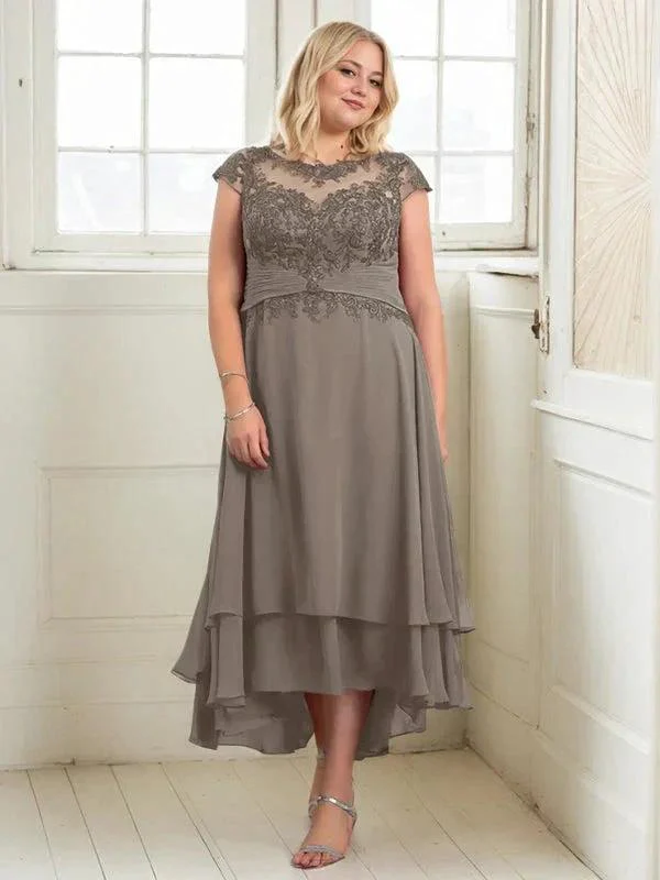 A-line Boat Neck Illusion Asymmetrical Chiffon Lace Mother of the Bride Dress With Applique Pleats - Image 6