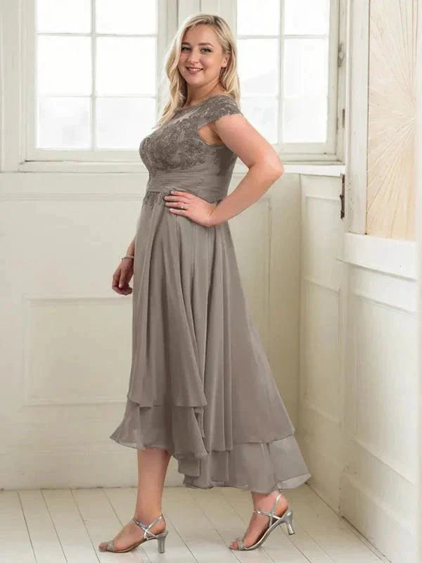 A-line Boat Neck Illusion Asymmetrical Chiffon Lace Mother of the Bride Dress With Applique Pleats - Image 7