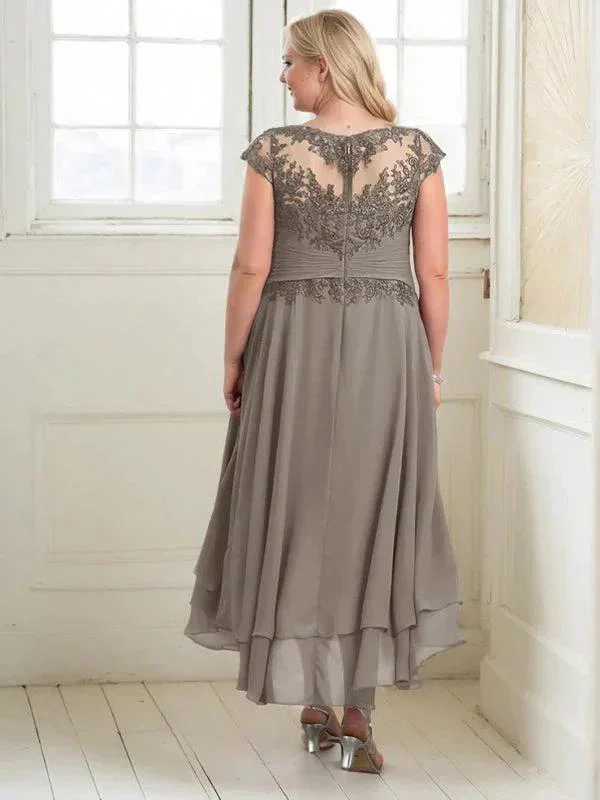 A-line Boat Neck Illusion Asymmetrical Chiffon Lace Mother of the Bride Dress With Applique Pleats - Image 8