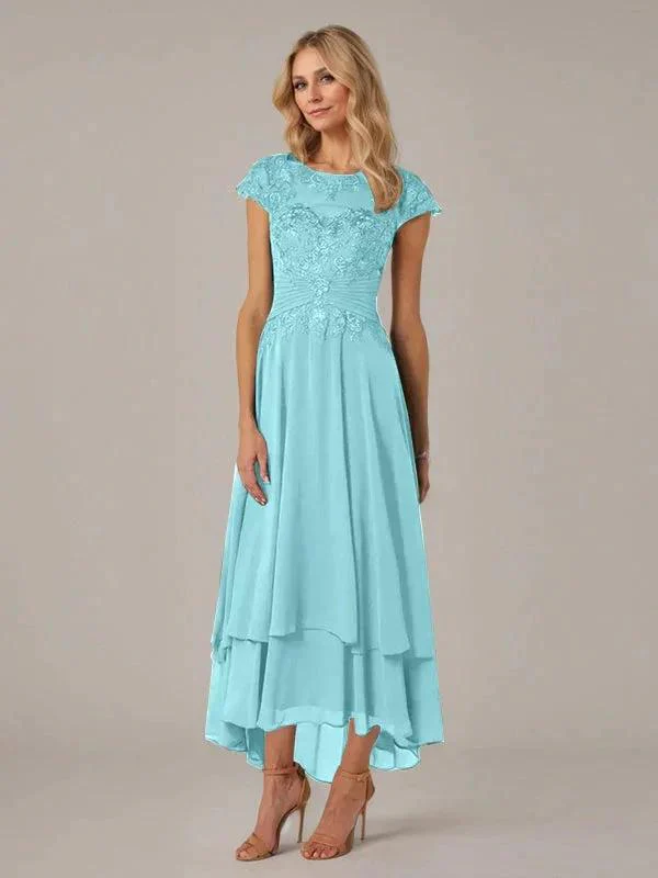 A-line Boat Neck Illusion Asymmetrical Chiffon Lace Mother of the Bride Dress With Applique Pleats - Image 9