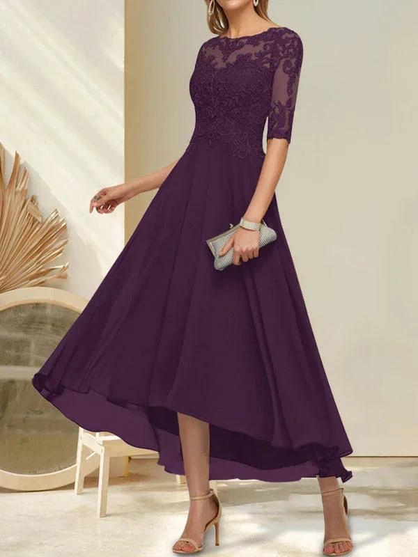 A-line Boat Neck Illusion Asymmetrical Chiffon Lace Mother of the Bride Dress With Sequins Beading - Image 10