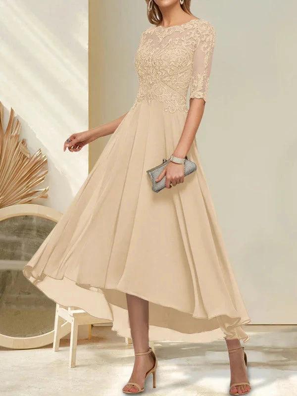 A-line Boat Neck Illusion Asymmetrical Chiffon Lace Mother of the Bride Dress With Sequins Beading - Image 11