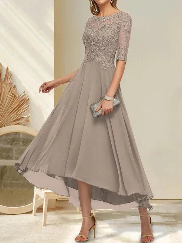 A-line Boat Neck Illusion Asymmetrical Chiffon Lace Mother of the Bride Dress With Sequins Beading - Image 12