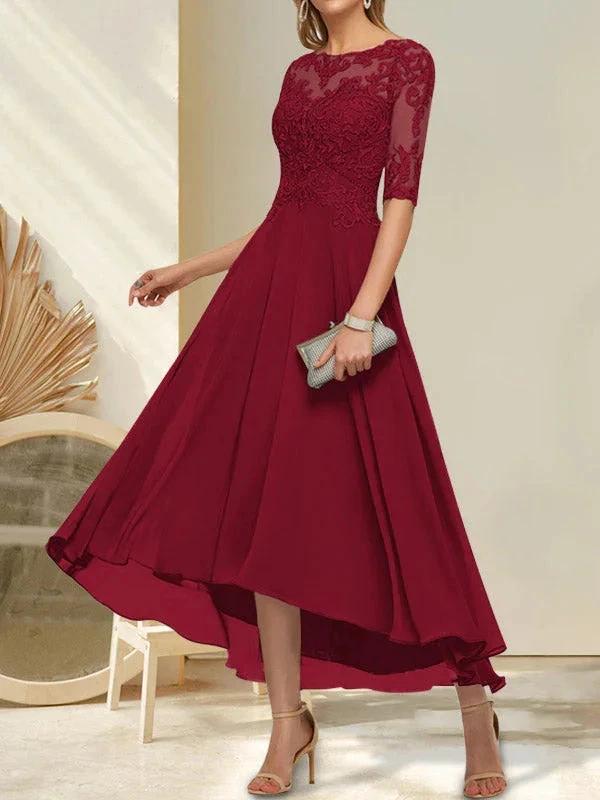 A-line Boat Neck Illusion Asymmetrical Chiffon Lace Mother of the Bride Dress With Sequins Beading - Image 13