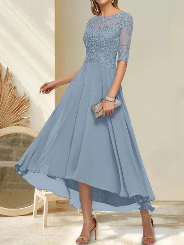 A-line Boat Neck Illusion Asymmetrical Chiffon Lace Mother of the Bride Dress With Sequins Beading - Image 14