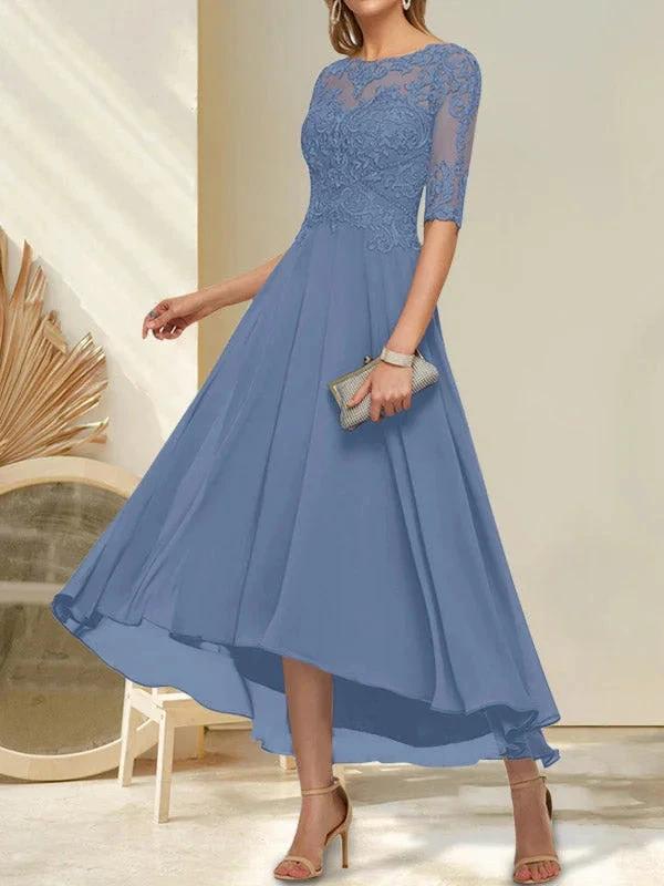 A-line Boat Neck Illusion Asymmetrical Chiffon Lace Mother of the Bride Dress With Sequins Beading - Image 15