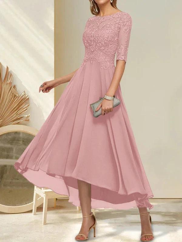 A-line Boat Neck Illusion Asymmetrical Chiffon Lace Mother of the Bride Dress With Sequins Beading - Image 17