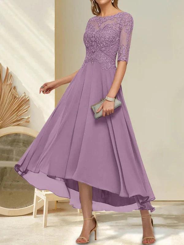 A-line Boat Neck Illusion Asymmetrical Chiffon Lace Mother of the Bride Dress With Sequins Beading - Image 18