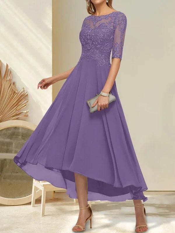 A-line Boat Neck Illusion Asymmetrical Chiffon Lace Mother of the Bride Dress With Sequins Beading - Image 19