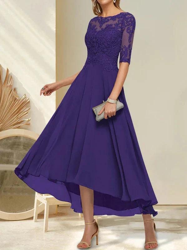 A-line Boat Neck Illusion Asymmetrical Chiffon Lace Mother of the Bride Dress With Sequins Beading - Image 20