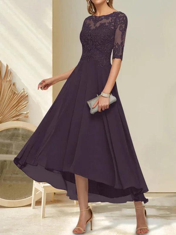A-line Boat Neck Illusion Asymmetrical Chiffon Lace Mother of the Bride Dress With Sequins Beading - Image 21