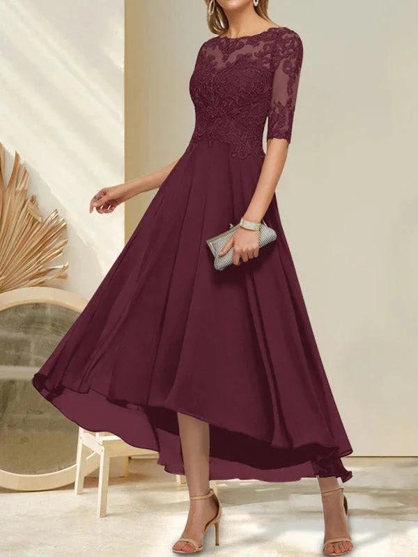 A-line Boat Neck Illusion Asymmetrical Chiffon Lace Mother of the Bride Dress With Sequins Beading - Image 22