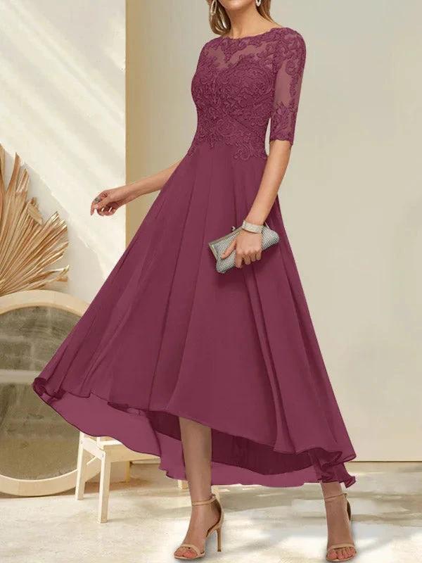 A-line Boat Neck Illusion Asymmetrical Chiffon Lace Mother of the Bride Dress With Sequins Beading - Image 23
