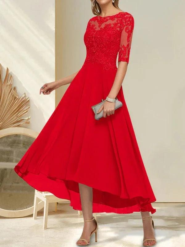 A-line Boat Neck Illusion Asymmetrical Chiffon Lace Mother of the Bride Dress With Sequins Beading - Image 24