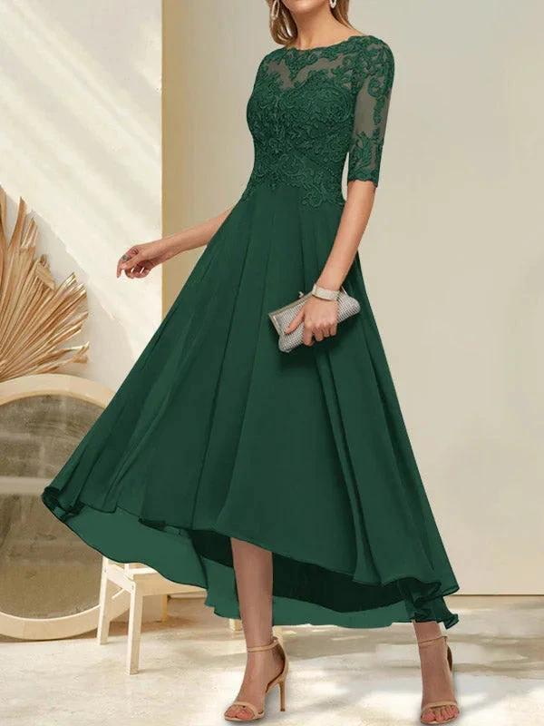 A-line Boat Neck Illusion Asymmetrical Chiffon Lace Mother of the Bride Dress With Sequins Beading - Image 25
