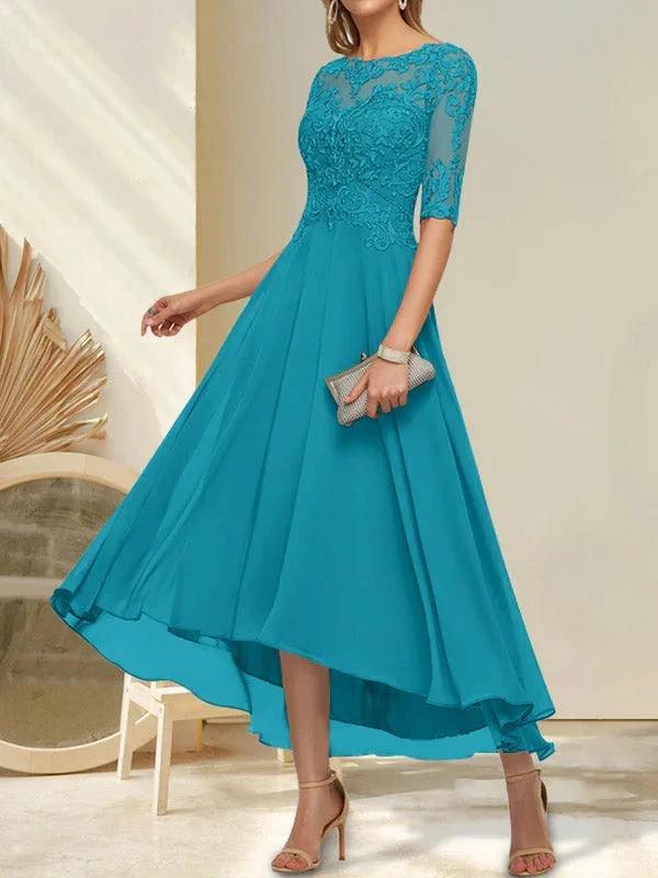 A-line Boat Neck Illusion Asymmetrical Chiffon Lace Mother of the Bride Dress With Sequins Beading - Image 27