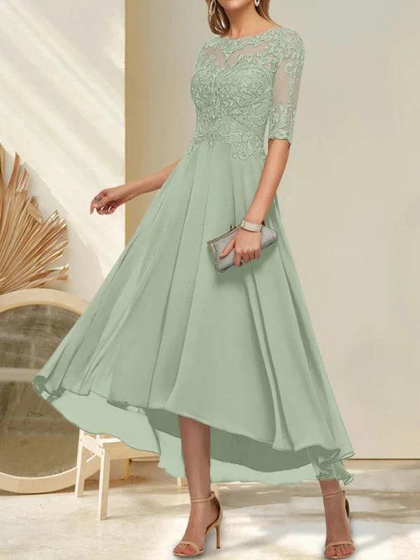 A-line Boat Neck Illusion Asymmetrical Chiffon Lace Mother of the Bride Dress With Sequins Beading - Image 28