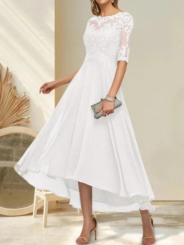 A-line Boat Neck Illusion Asymmetrical Chiffon Lace Mother of the Bride Dress With Sequins Beading - Image 29