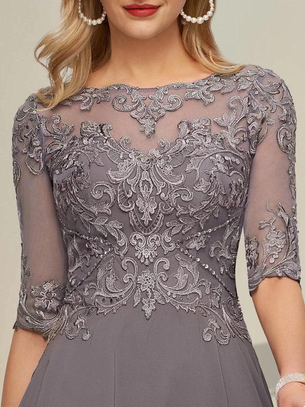 A-line Boat Neck Illusion Asymmetrical Chiffon Lace Mother of the Bride Dress With Sequins Beading - Image 3