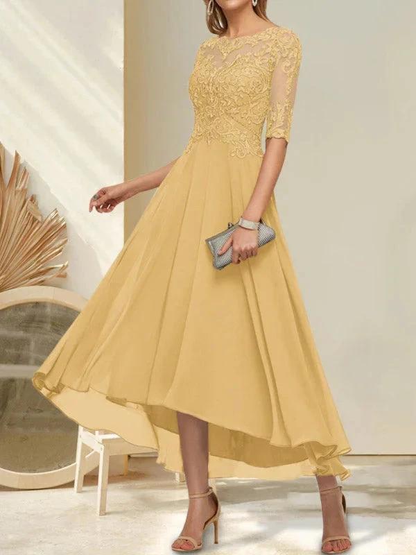 A-line Boat Neck Illusion Asymmetrical Chiffon Lace Mother of the Bride Dress With Sequins Beading - Image 30
