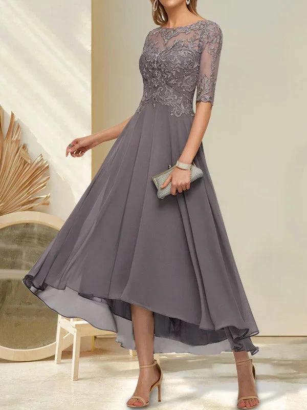 A-line Boat Neck Illusion Asymmetrical Chiffon Lace Mother of the Bride Dress With Sequins Beading - Image 4